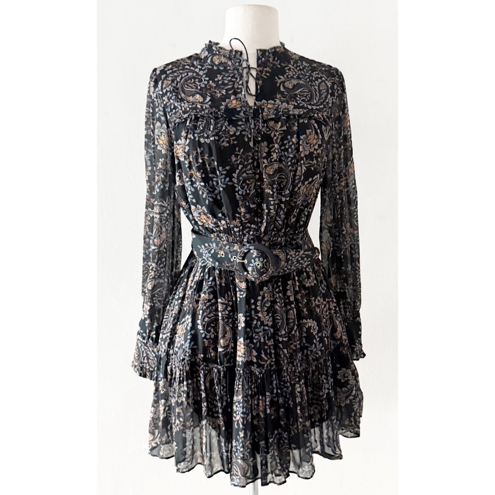 NEW NICHOLAS Paisley Print Chiffon Belted Long Sleeve Mini Dress Size US 2